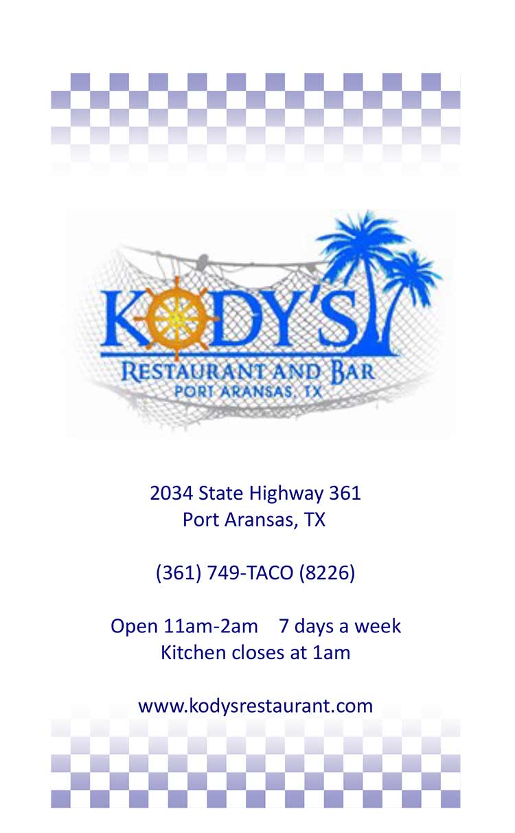 Kody's Restaurant Menu in Port Aransas, Texas.