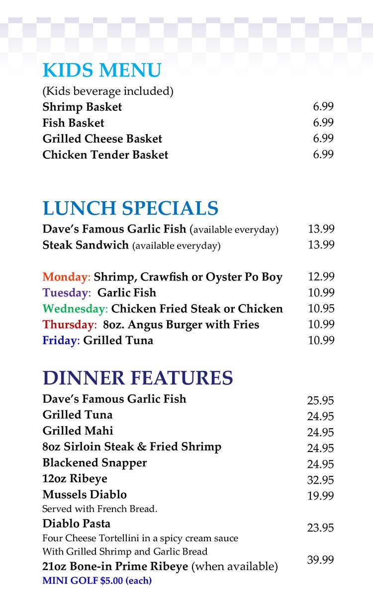 Kody's Restaurant Menu in Port Aransas, Texas.